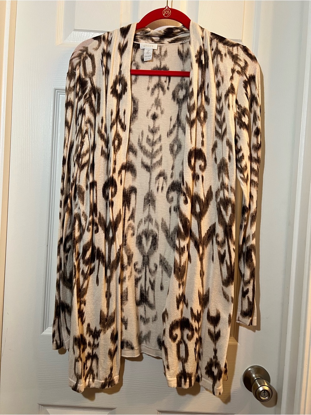 Chico's Cream and Brown Ikat Open-Front Cardigan